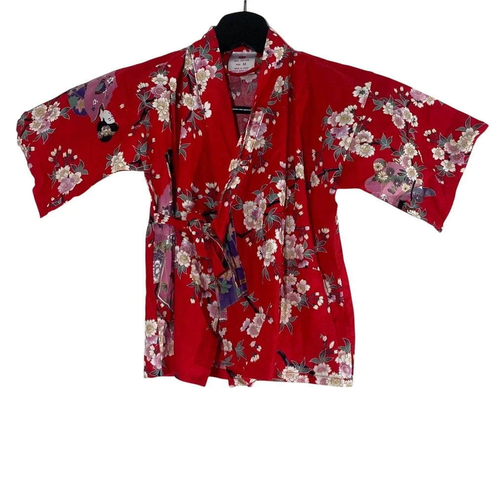 Sakurai Shoji Kimono Robe Kids M Red Excellent Geisha Floral Cotton Japan